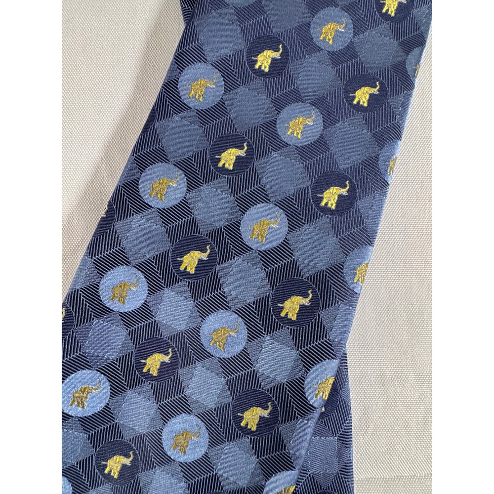 Jim Thompson Mens Silk Tie Navy Blue Yellow Elephant Geometric Pattern Necktie